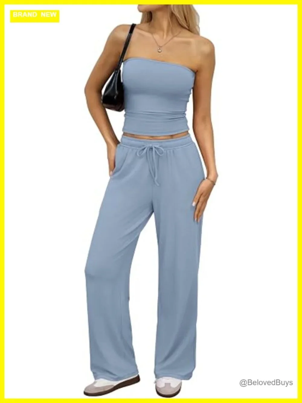 2 Piece Matching Lounge Set Crop Tube Top Wide Leg Pants with Pockets